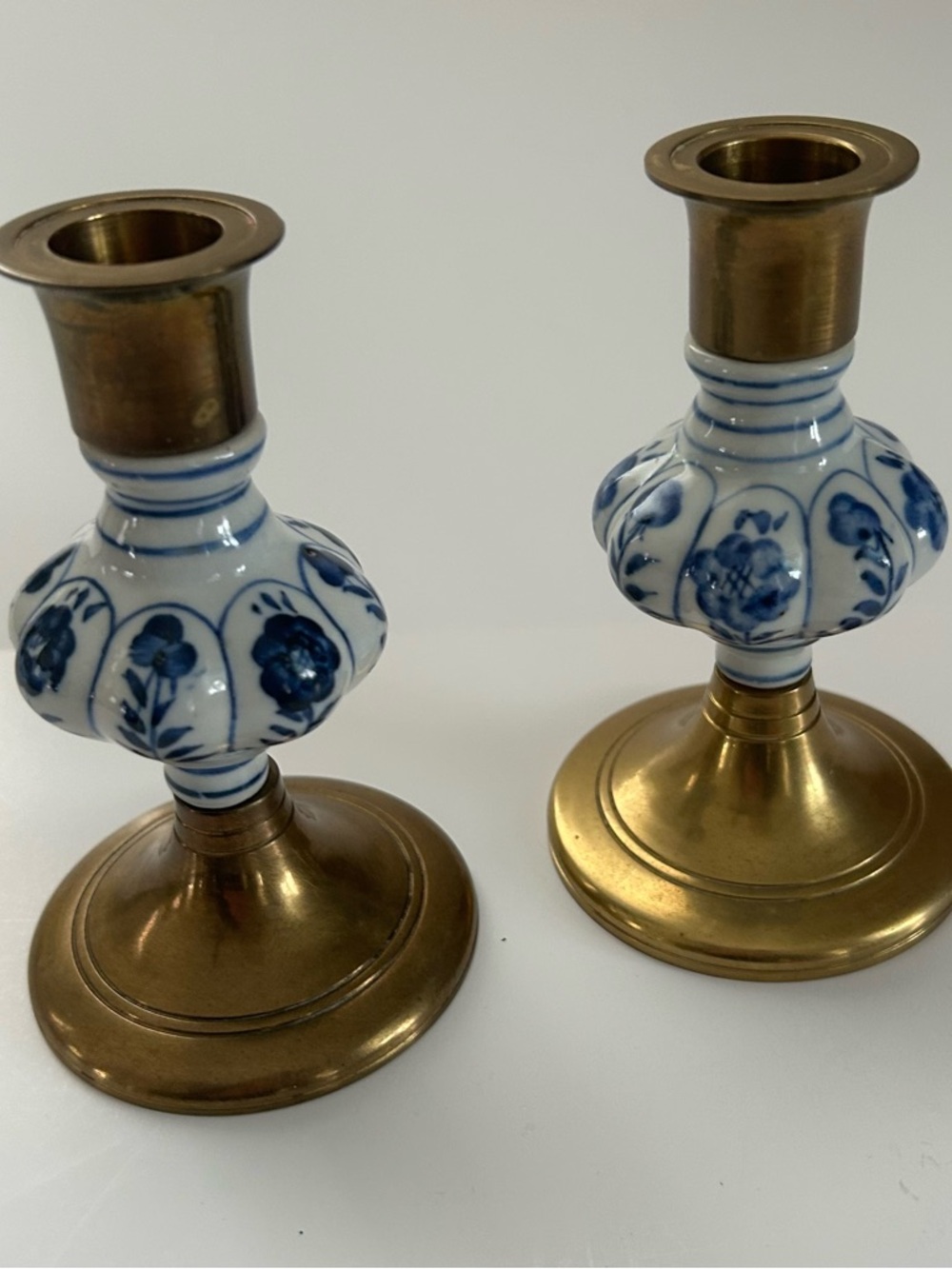 Delft Blue White & Brass Jehvani Candlesticks -Pair Of 2 - Vintage 4.75h X 3”w